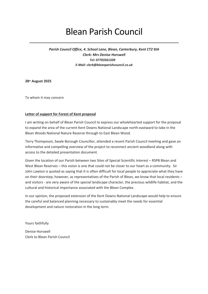 Letter of support for the proposal to expand the Kent Downs National Landscape through The Blean from Blean Parish Council