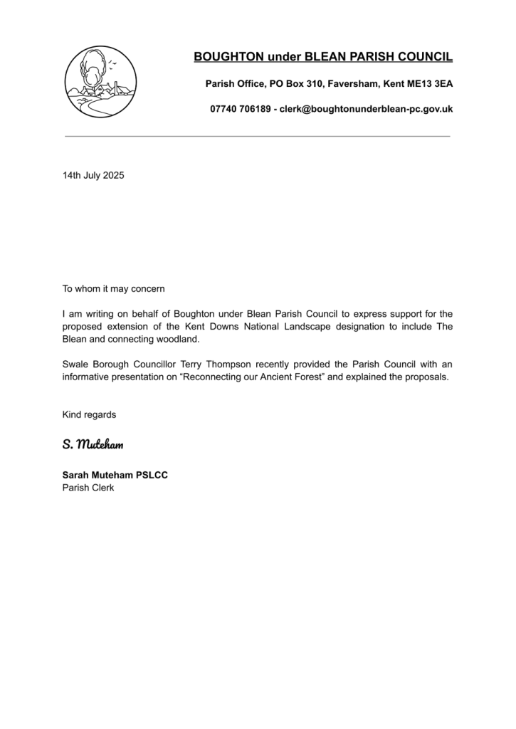 Letter of support for the proposal to expand the Kent Downs National Landscape through The Blean from Boughton-under-Blean Parish Council