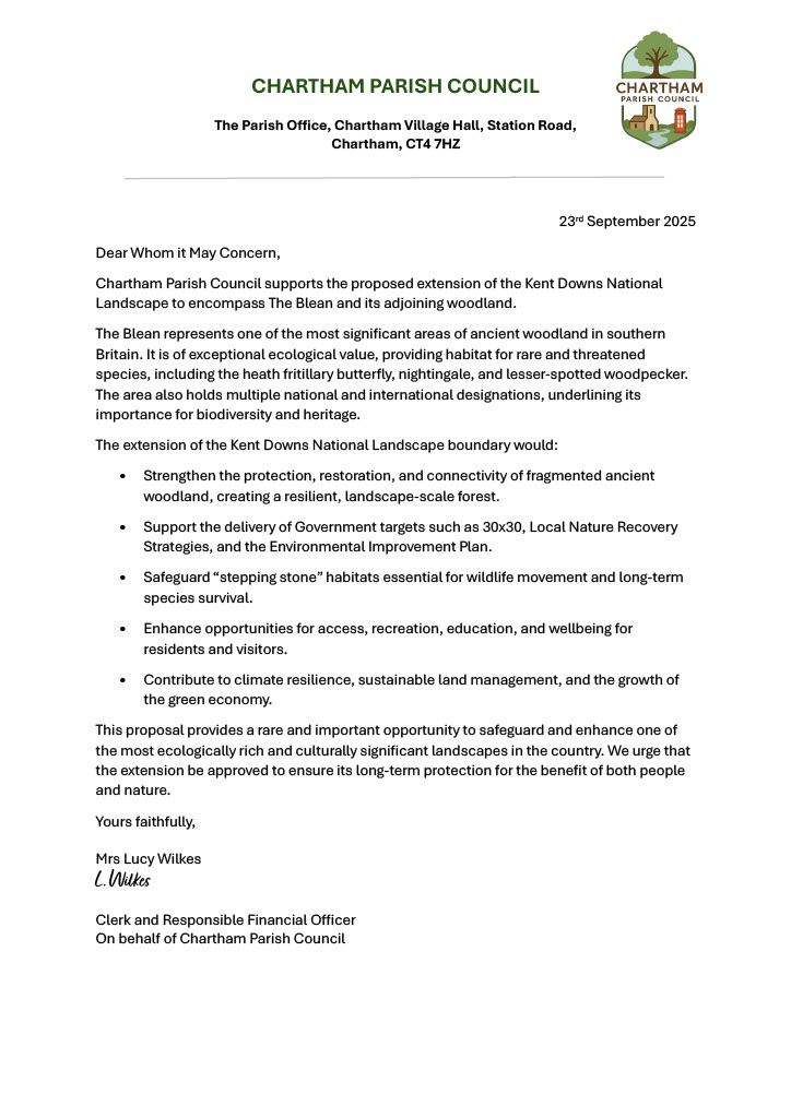 Letter of support for the proposal to expand the Kent Downs National Landscape through The Blean from Chartham Parish Council