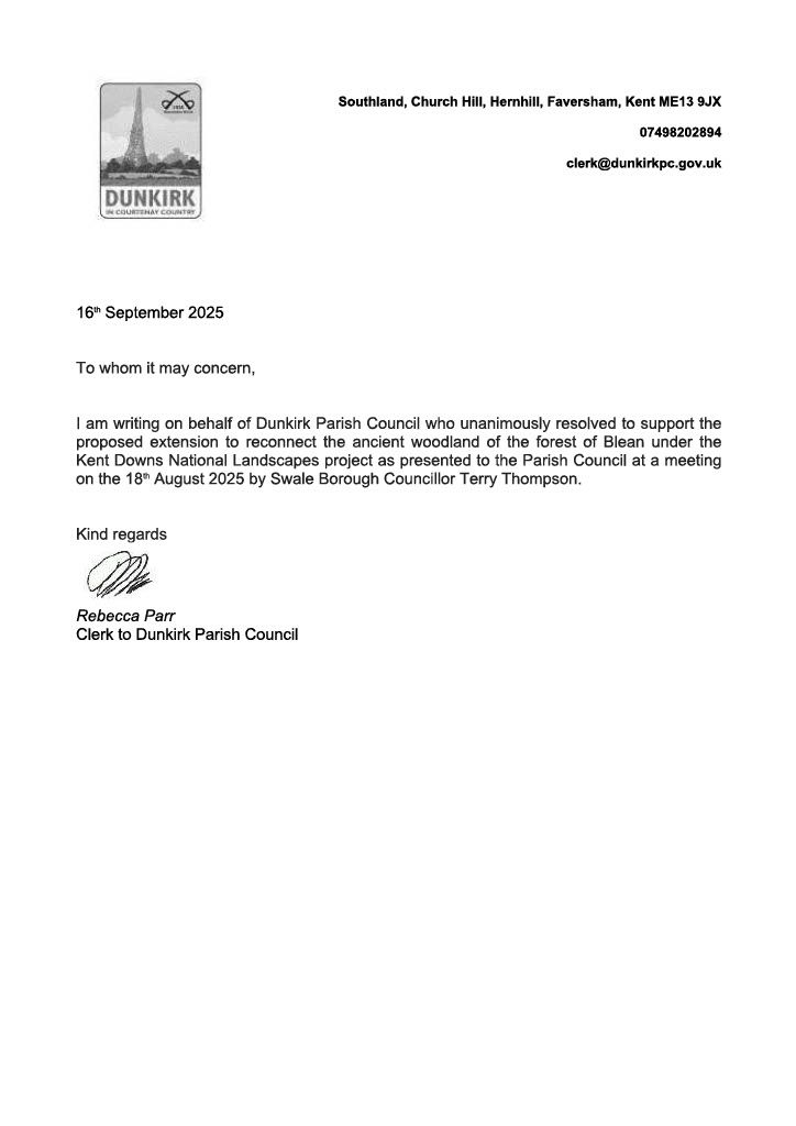 Letter of support for the proposal to expand the Kent Downs National Landscape through The Blean from Dunkirk Parish Council