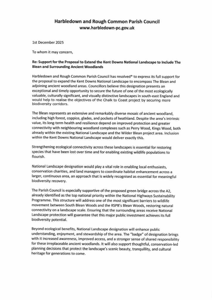 Letter of support for the proposal to expand the Kent Downs National Landscape through The Blean from Harbledown Parish Council